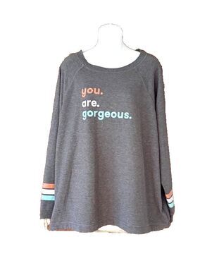 Joyspun You Are Gorgeous Gray Pullover Top Women's 2X Stripe Sleeve Graphic